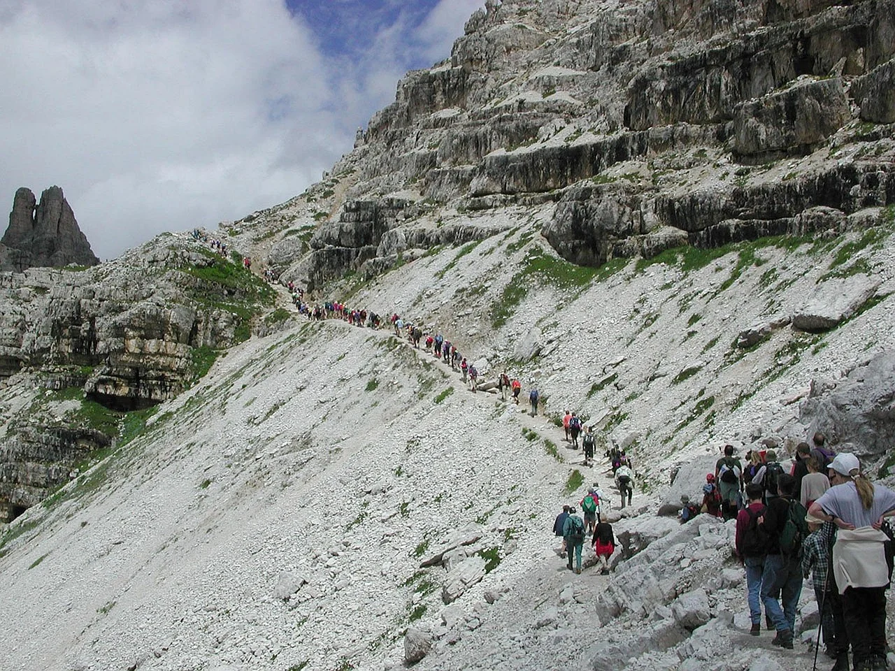 Line of hikers on the Tre Cime di Lavaredo trail in summer