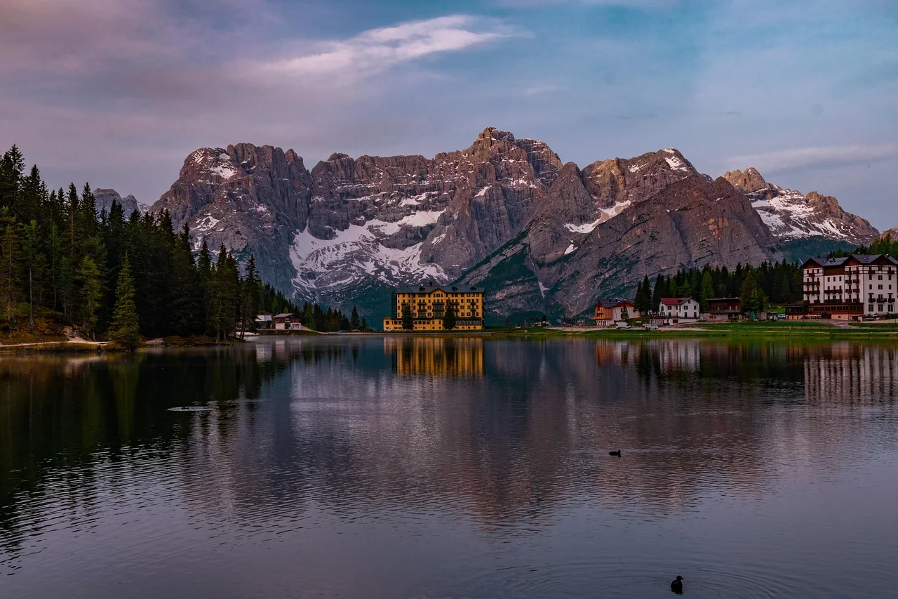 Lake Misurina and its historic hotels at the foot of the Dolomites