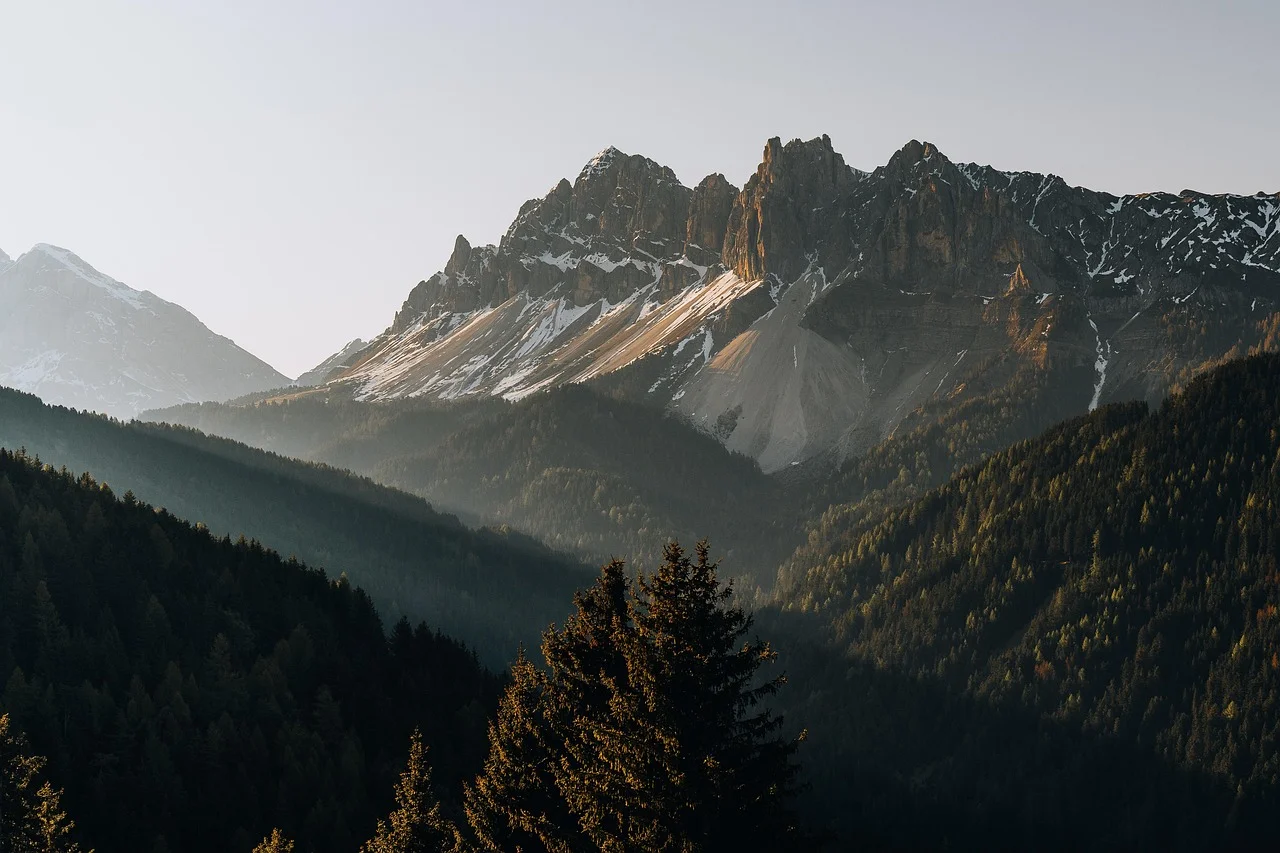 Dolomite peaks at daybreak, on the road through the Val Pusteria