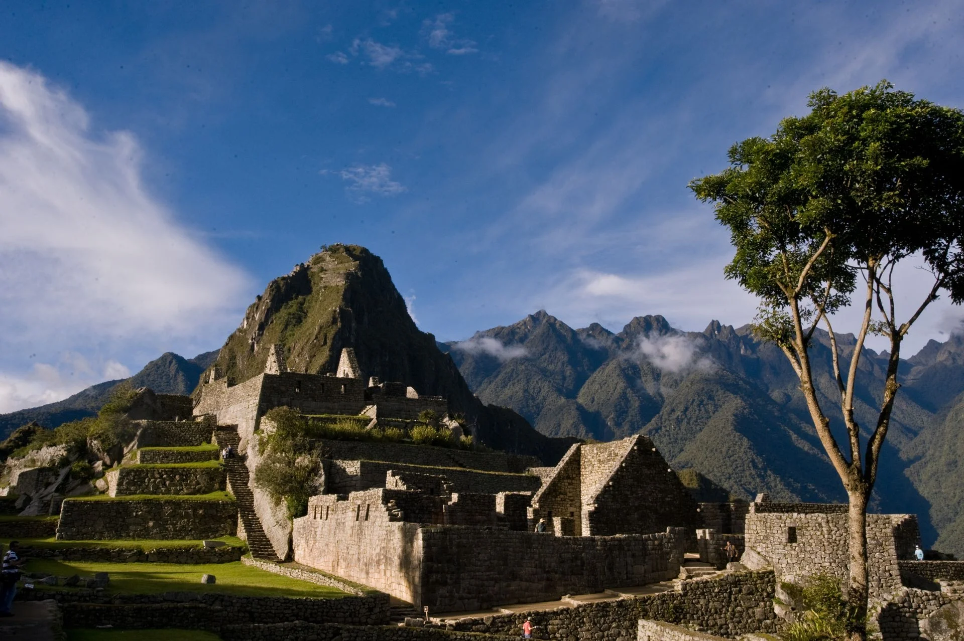 La citadelle inca du Machu Picchu au soleil, ses terrasses et ses murs de pierre dominés par le pic du Huayna Picchu
