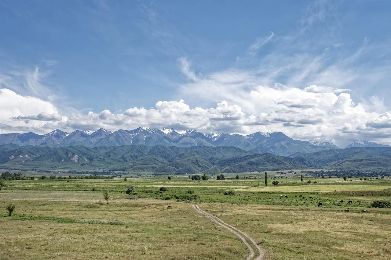Sommets enneigés et glaciers des montagnes du Tian Shan sous un ciel nuageux au Kirghizistan