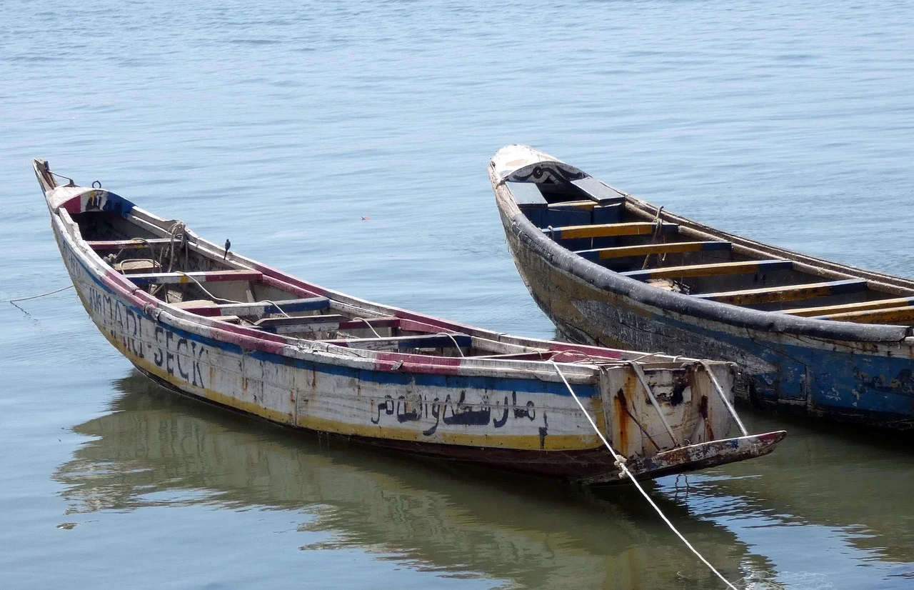 Deux pirogues de pêche en bois peintes de bandes colorées amarrées sur l'eau calme du fleuve Sénégal, à Saint-Louis