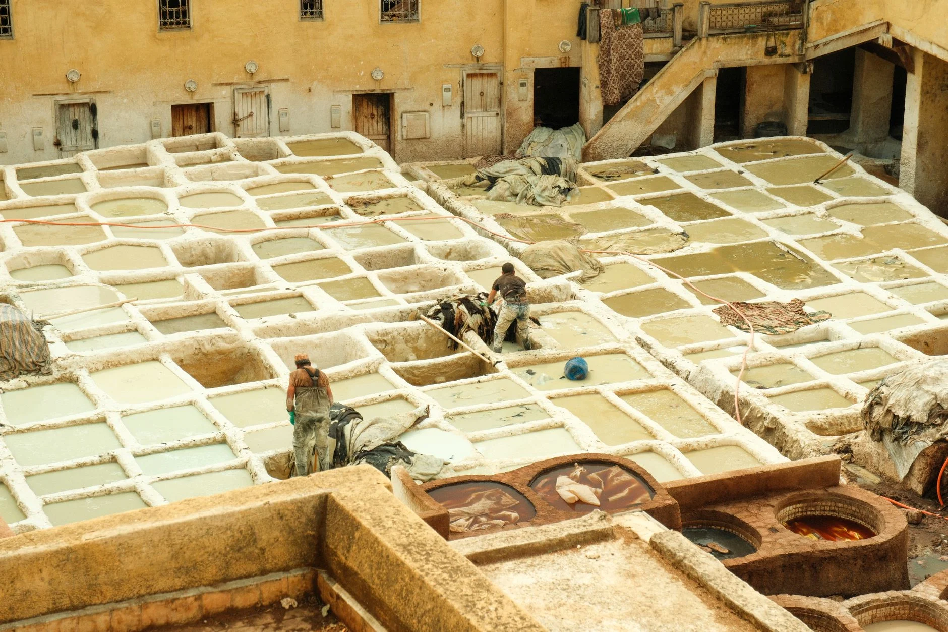 Bassins blancs de la tannerie de Fès vus d'en haut, avec deux ouvriers qui manipulent des peaux