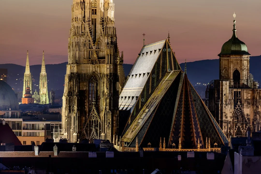 Flèche gothique et toit en tuiles vernissées de la cathédrale Saint-Étienne de Vienne au crépuscule