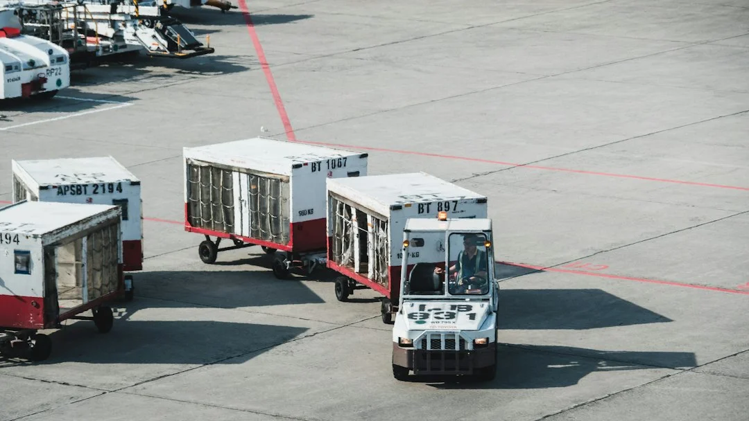 Tracteur à bagages tirant des chariots de fret sur le tarmac d'un aéroport, marquages rouges au sol.