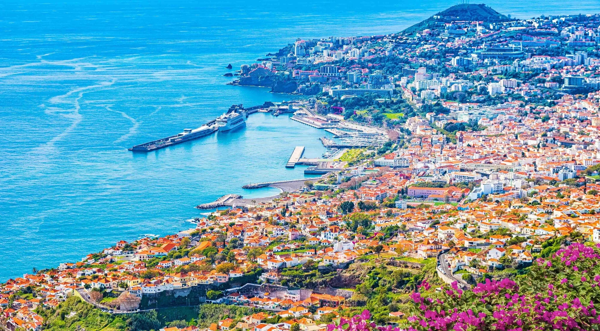 Vue aérienne de Funchal, capitale de Madère, son port et ses maisons étagées face à l'océan Atlantique